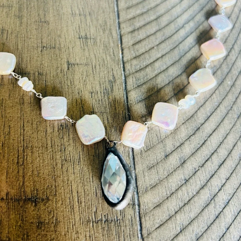 34" NECKLACE PEARL COLOR SQUARE PEARLS;  STERLING SILVER CRYSTAL CHARM; NEW - Picture 8 of 9